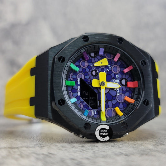 Casioak Mod Watch Black Case Yellow Rubber Strap Black Rainbow Time Mark Takashi Murakami Dial 44mm- Casioak Mod Casio G-Shock Royal Oak Custom Mens Luxury Watches Ga2100