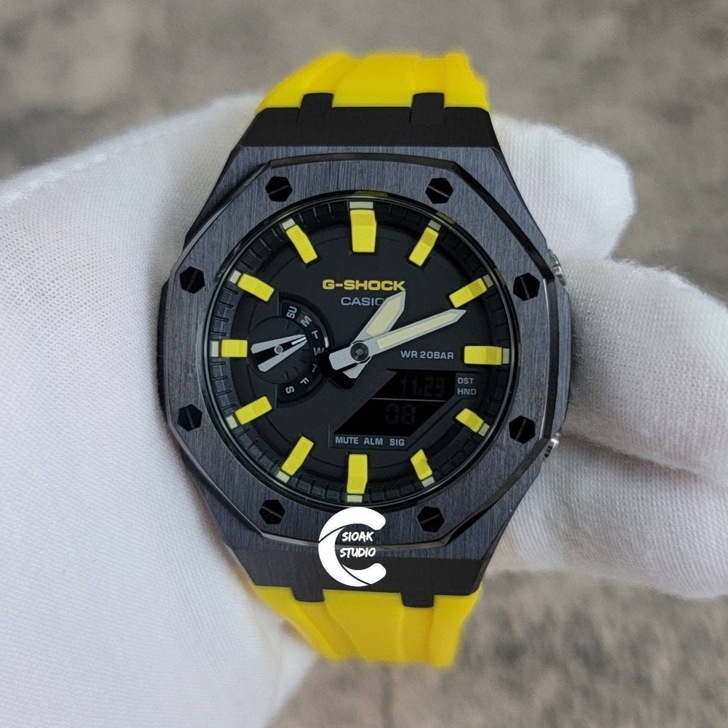 Casioak Mod Watch Black Case Yellow Rubber Strap Black Yellow Time Mark Black Dial 44mm- Casioak Mod Casio G-Shock Royal Oak Custom Mens Luxury Watches Ga2100