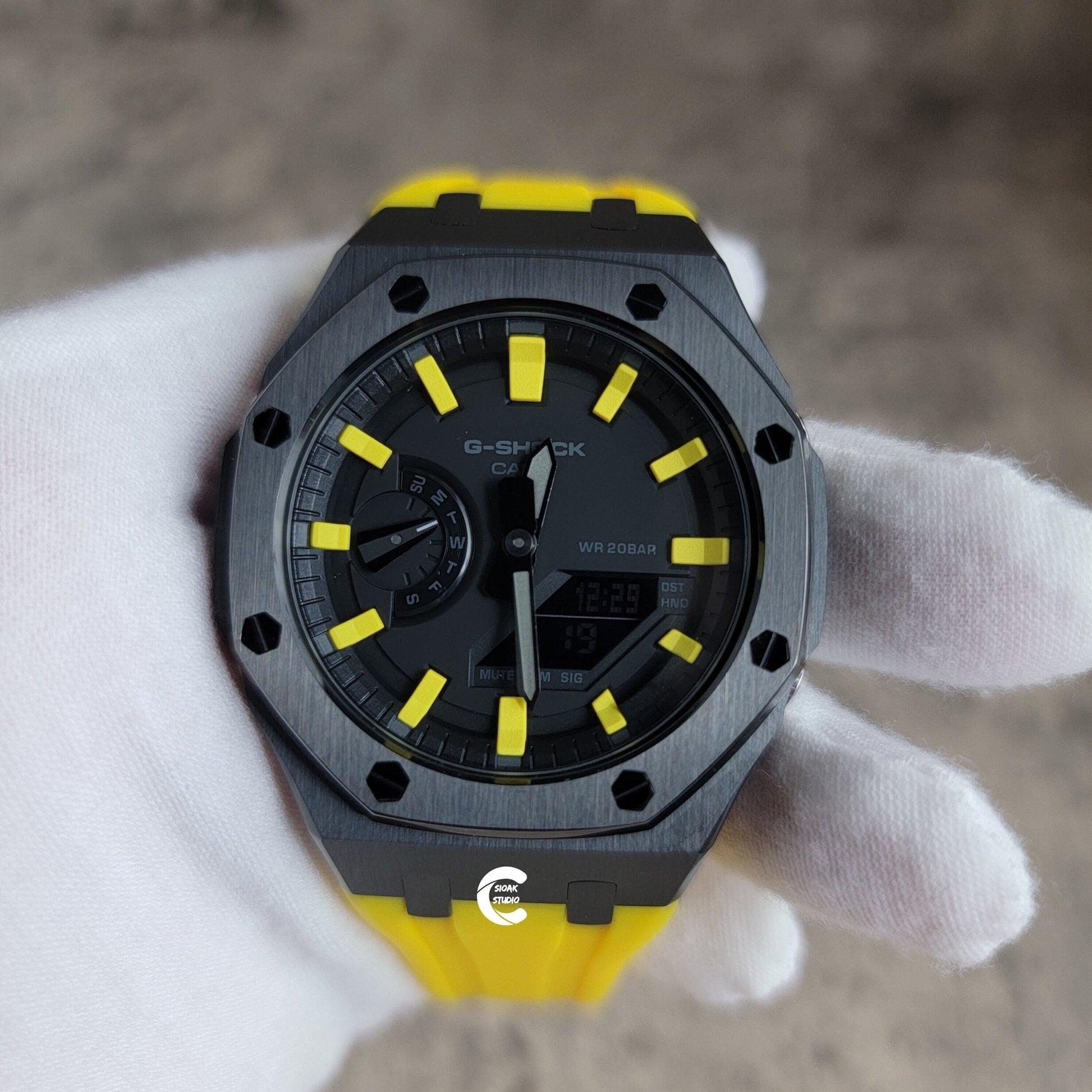 Casioak Mod Watch Black Case Yellow Rubber Strap Black Yellow Time Mark Black Dial 44mm- Casioak Mod Casio G-Shock Royal Oak Custom Mens Luxury Watches Ga2100