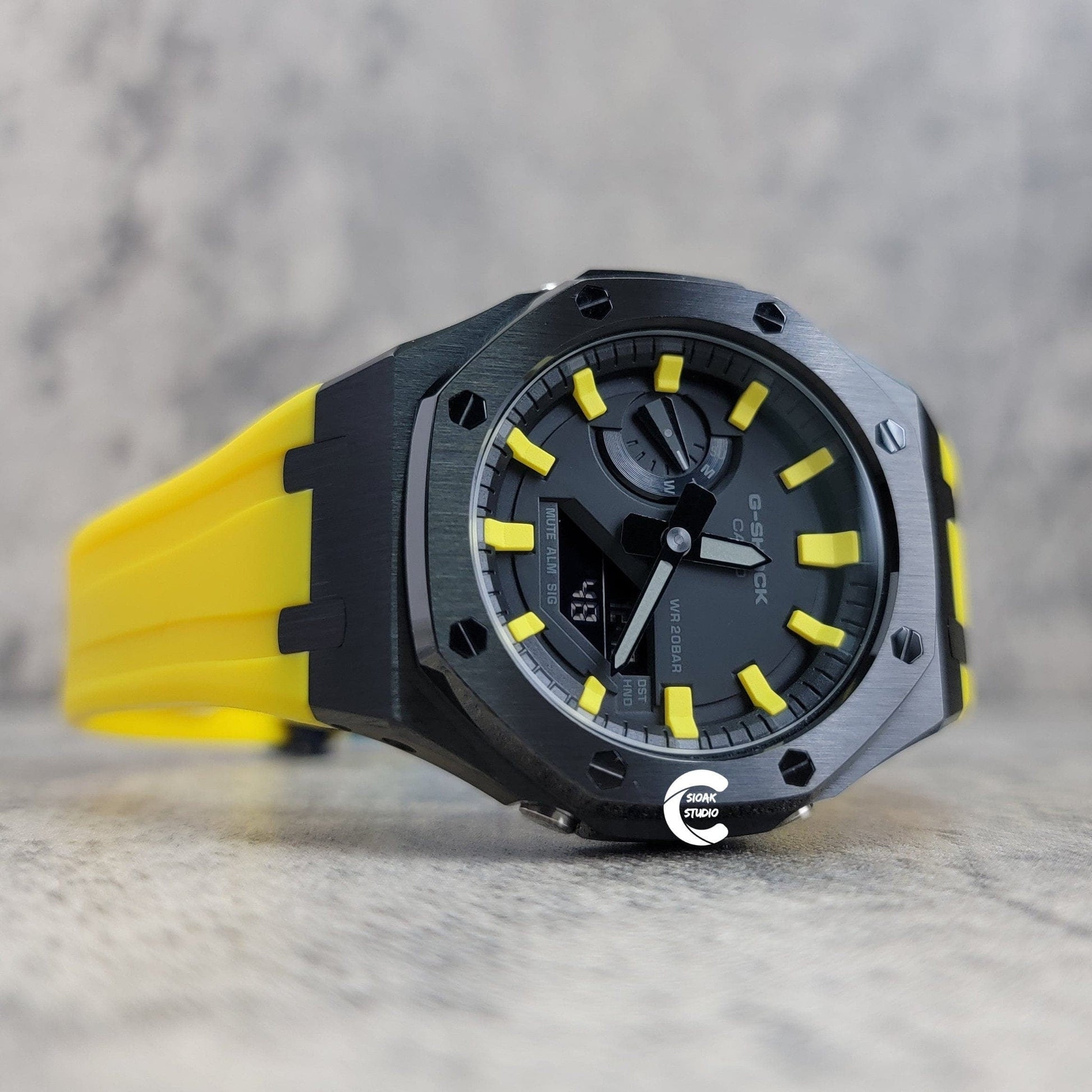 Casioak Mod Watch Black Case Yellow Rubber Strap Black Yellow Time Mark Black Dial 44mm- Casioak Mod Casio G-Shock Royal Oak Custom Mens Luxury Watches Ga2100