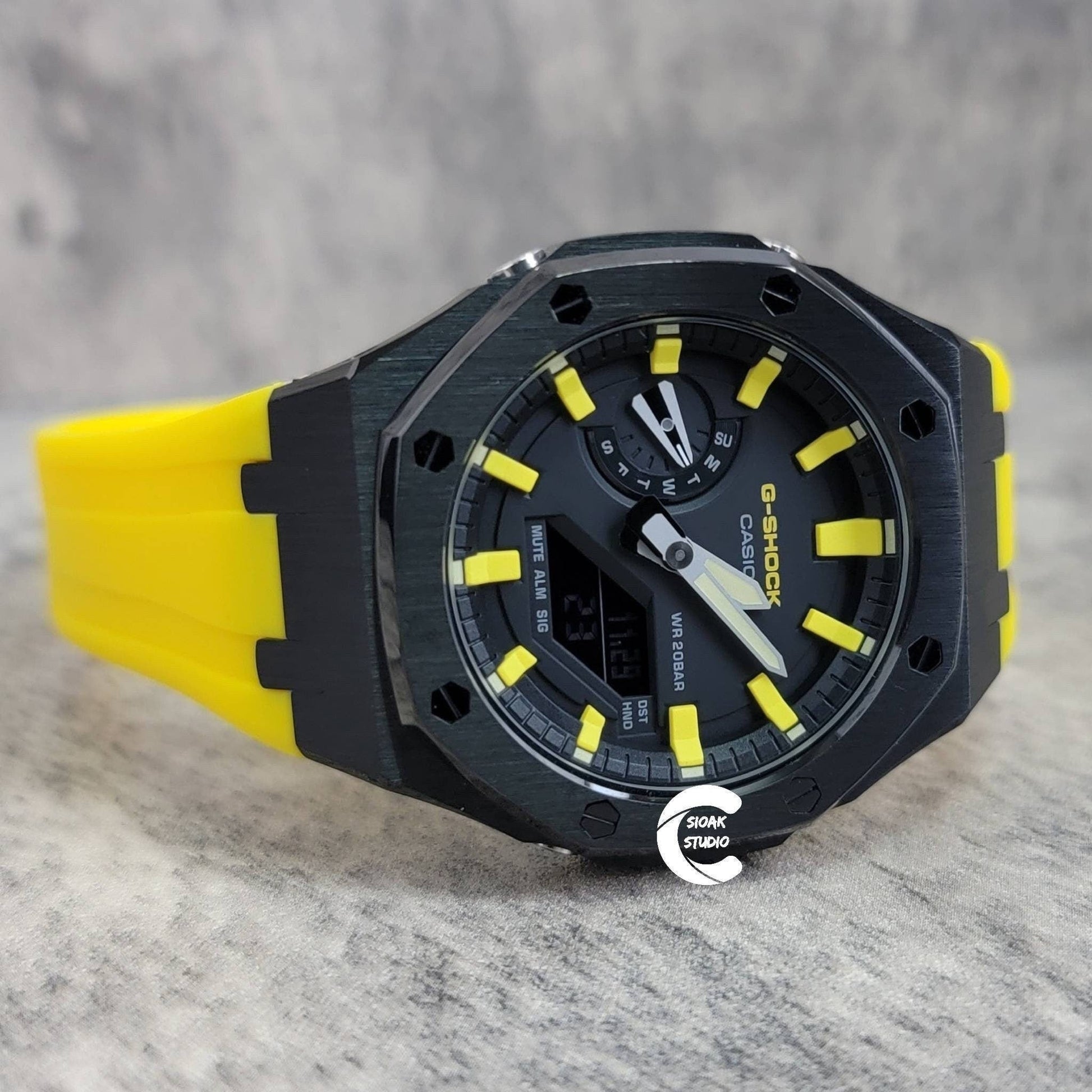 Casioak Mod Watch Black Case Yellow Rubber Strap Black Yellow Time Mark Black Dial 44mm- Casioak Mod Casio G-Shock Royal Oak Custom Mens Luxury Watches Ga2100