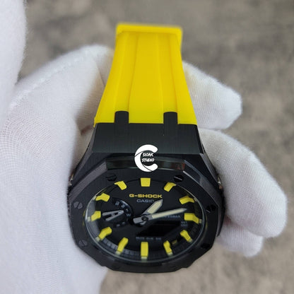 Casioak Mod Watch Black Case Yellow Rubber Strap Black Yellow Time Mark Black Dial 44mm- Casioak Mod Casio G-Shock Royal Oak Custom Mens Luxury Watches Ga2100