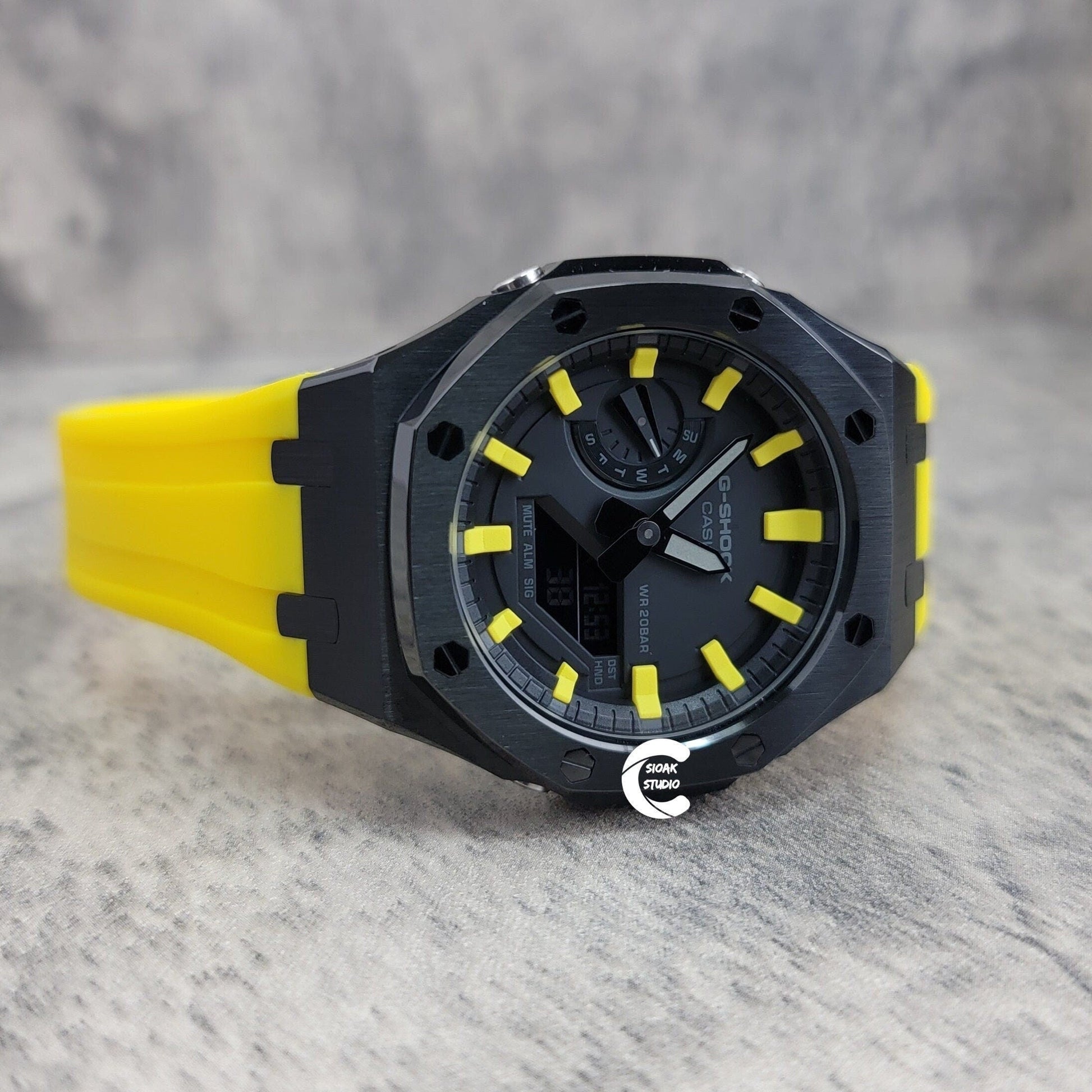 Casioak Mod Watch Black Case Yellow Rubber Strap Black Yellow Time Mark Black Dial 44mm- Casioak Mod Casio G-Shock Royal Oak Custom Mens Luxury Watches Ga2100