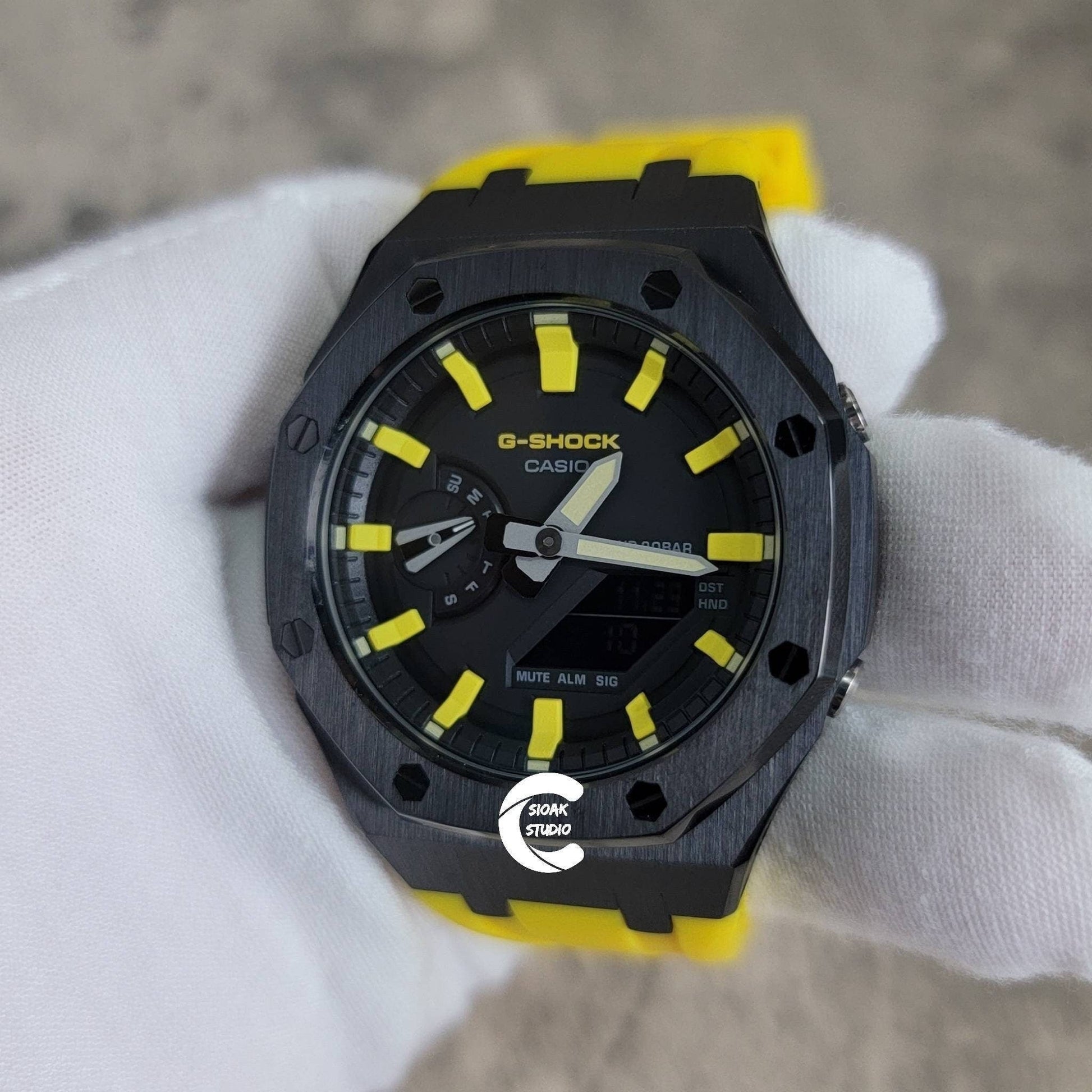 Casioak Mod Watch Black Case Yellow Rubber Strap Black Yellow Time Mark Black Dial 44mm- Casioak Mod Casio G-Shock Royal Oak Custom Mens Luxury Watches Ga2100