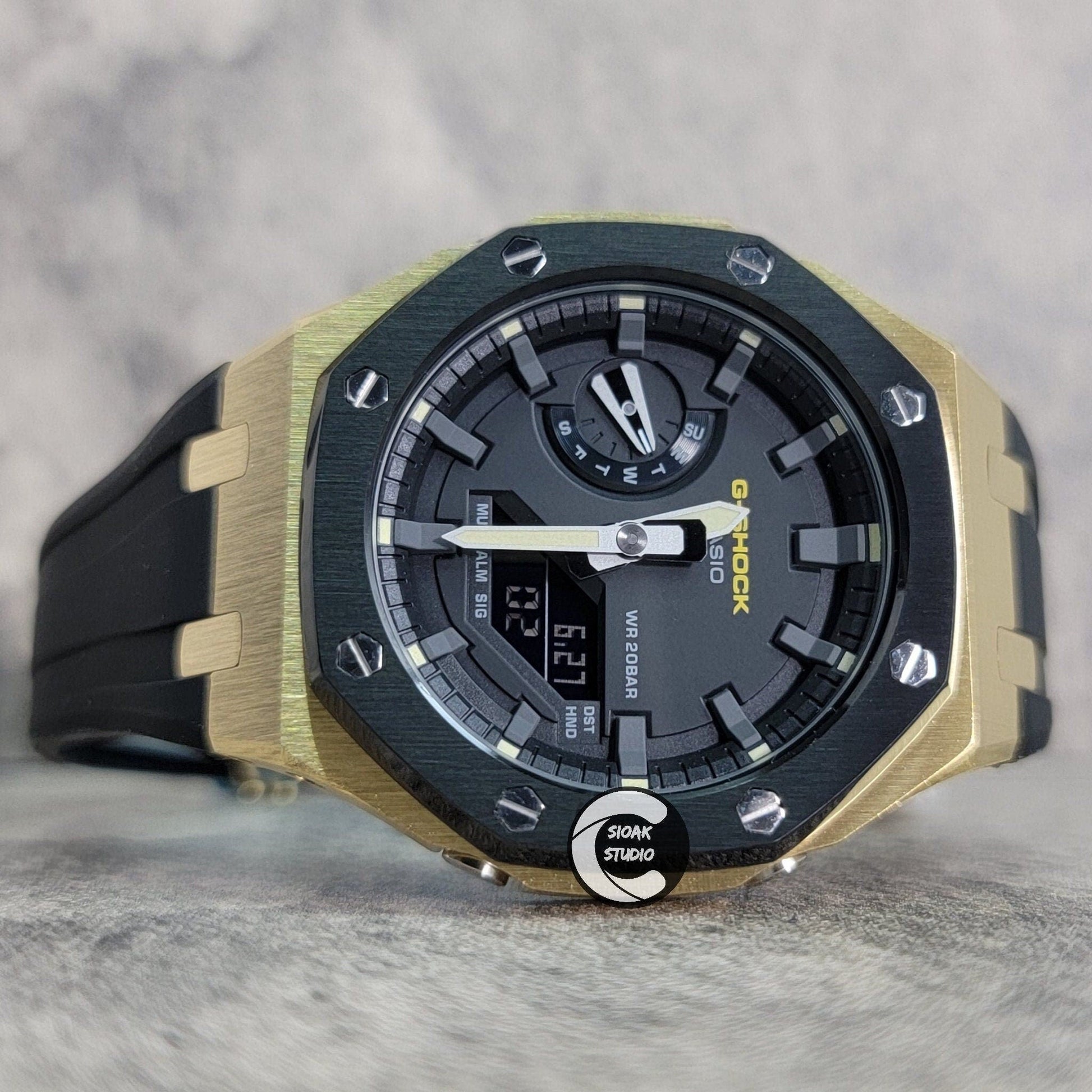 Casioak Mod Watch Black Gold Case Black Rubber Strap Black Black Time Mark Black Dial 44mm- Casioak Mod Casio G-Shock Royal Oak Custom Mens Luxury Watches Ga2100