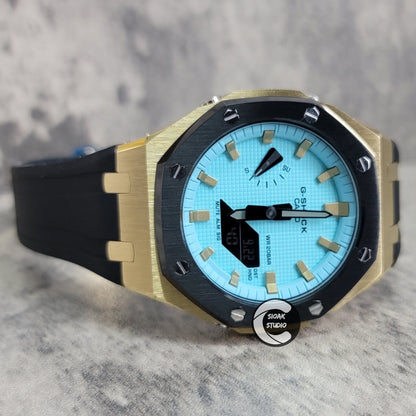 Casioak Mod Watch Black Gold Case Black Rubber Strap Black Gold Time Mark Tiff Blue Dial 44mm- Casioak Mod Casio G-Shock Royal Oak Custom Mens Luxury Watches Ga2100