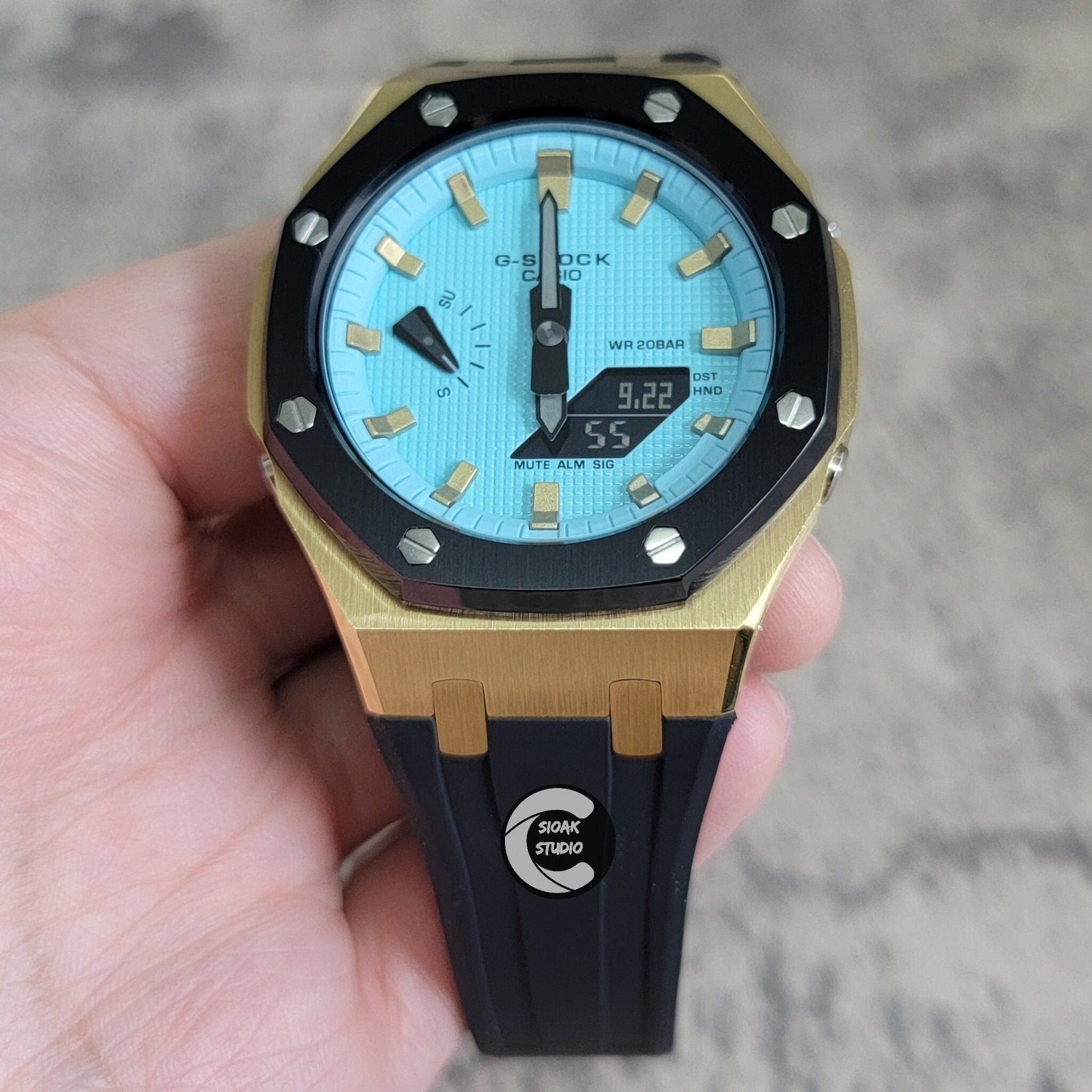 Casioak Mod Watch Black Gold Case Black Rubber Strap Black Gold Time Mark Tiff Blue Dial 44mm- Casioak Mod Casio G-Shock Royal Oak Custom Mens Luxury Watches Ga2100