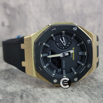 Casioak Mod Watch Black Gold Case Black Rubber Strap Black Gray Time Mark Black Dial 44mm- Casioak Mod Casio G-Shock Royal Oak Custom Mens Luxury Watches Ga2100