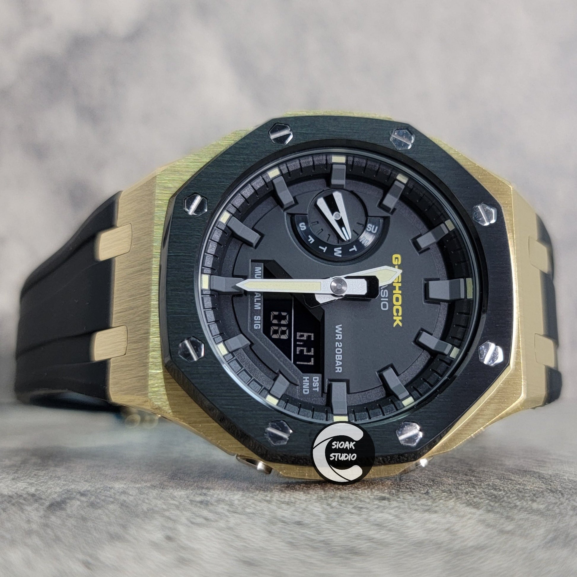 Casioak Mod Watch Black Gold Case Black Rubber Strap Black Gray Time Mark Black Dial 44mm- Casioak Mod Casio G-Shock Royal Oak Custom Mens Luxury Watches Ga2100