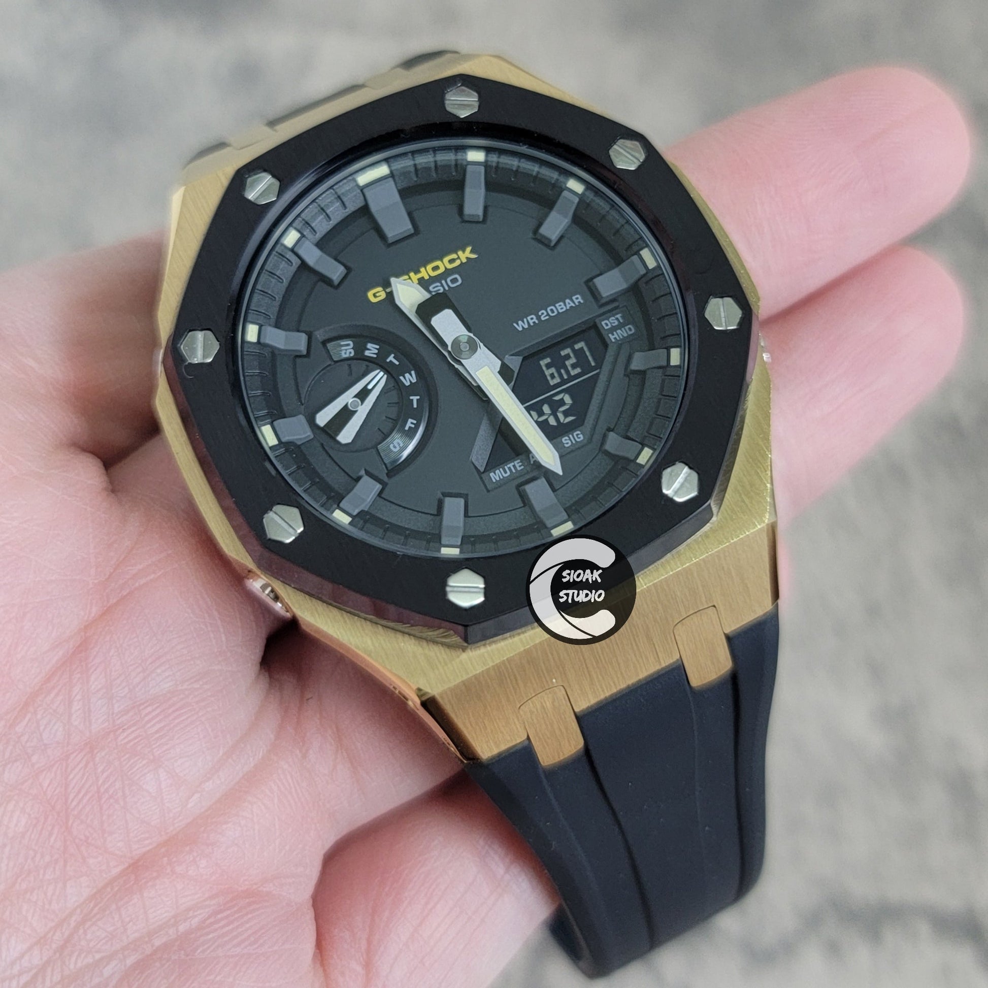 Casioak Mod Watch Black Gold Case Black Rubber Strap Black Gray Time Mark Black Dial 44mm- Casioak Mod Casio G-Shock Royal Oak Custom Mens Luxury Watches Ga2100