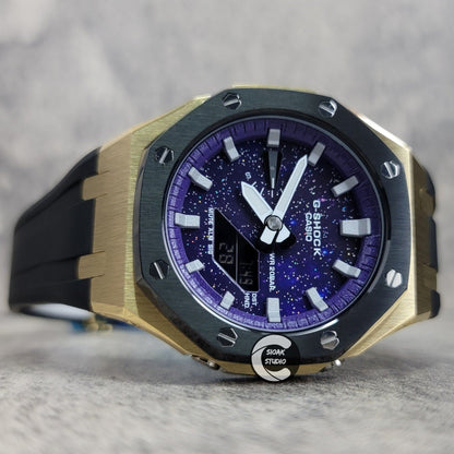 Casioak Mod Watch Black Gold Case Black Rubber Strap Purple Silver Time Mark Purple Dial 44mm- Casioak Mod Casio G-Shock Royal Oak Custom Mens Luxury Watches Ga2100