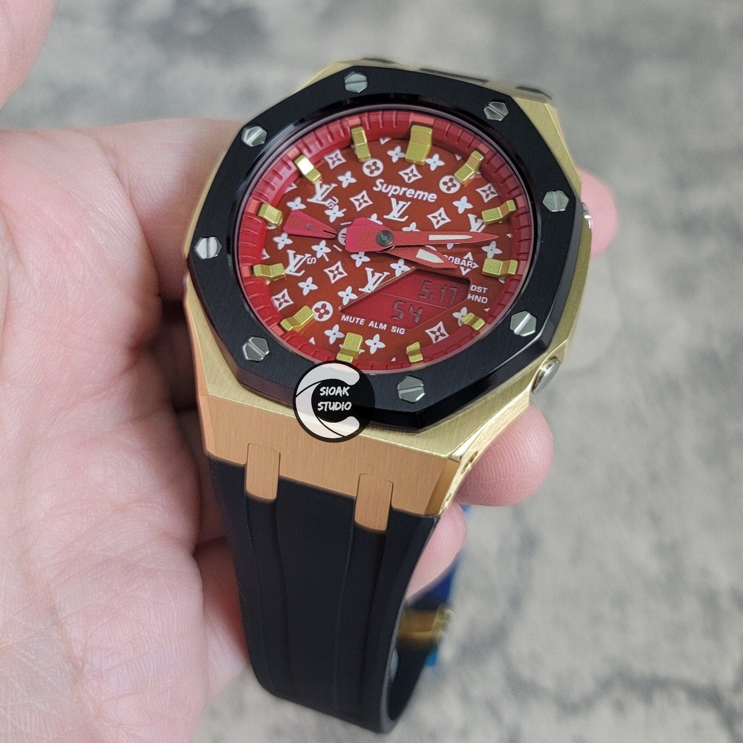 Casioak Mod Watch Black Gold Case Black Rubber Strap Red Gold Time Mark Red Dial 44mm- Casioak Mod Casio G-Shock Royal Oak Custom Mens Luxury Watches Ga2100