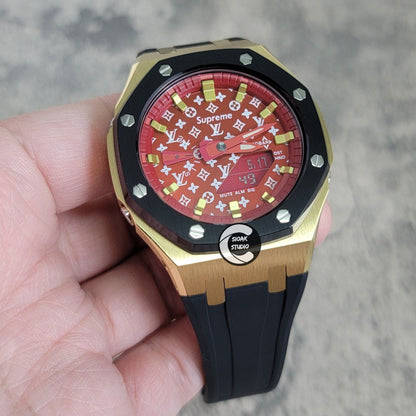 Casioak Mod Watch Black Gold Case Black Rubber Strap Red Gold Time Mark Red Dial 44mm- Casioak Mod Casio G-Shock Royal Oak Custom Mens Luxury Watches Ga2100