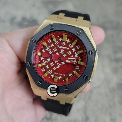 Casioak Mod Watch Black Gold Case Black Rubber Strap Red Gold Time Mark Red Dial 44mm- Casioak Mod Casio G-Shock Royal Oak Custom Mens Luxury Watches Ga2100