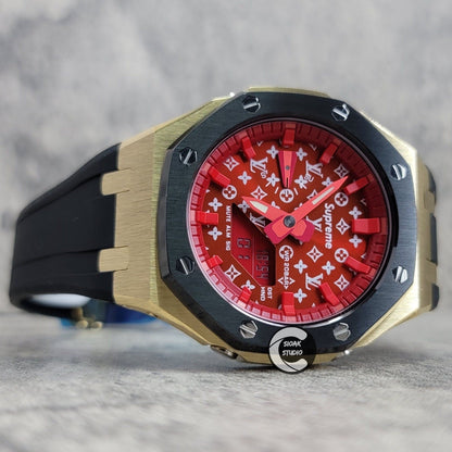 Casioak Mod Watch Black Gold Case Black Rubber Strap Red Time Mark Red Dial 44mm- Casioak Mod Casio G-Shock Royal Oak Custom Mens Luxury Watches Ga2100