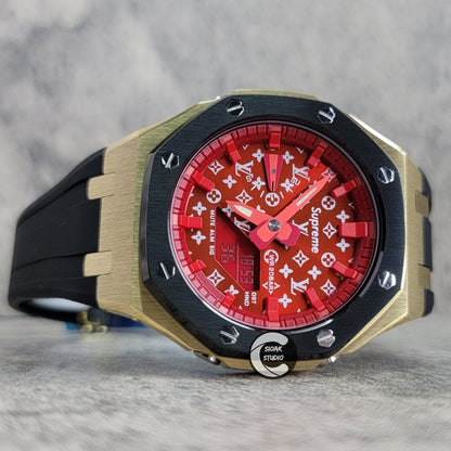 Casioak Mod Watch Black Gold Case Black Rubber Strap Red Time Mark Red Dial 44mm- Casioak Mod Casio G-Shock Royal Oak Custom Mens Luxury Watches Ga2100