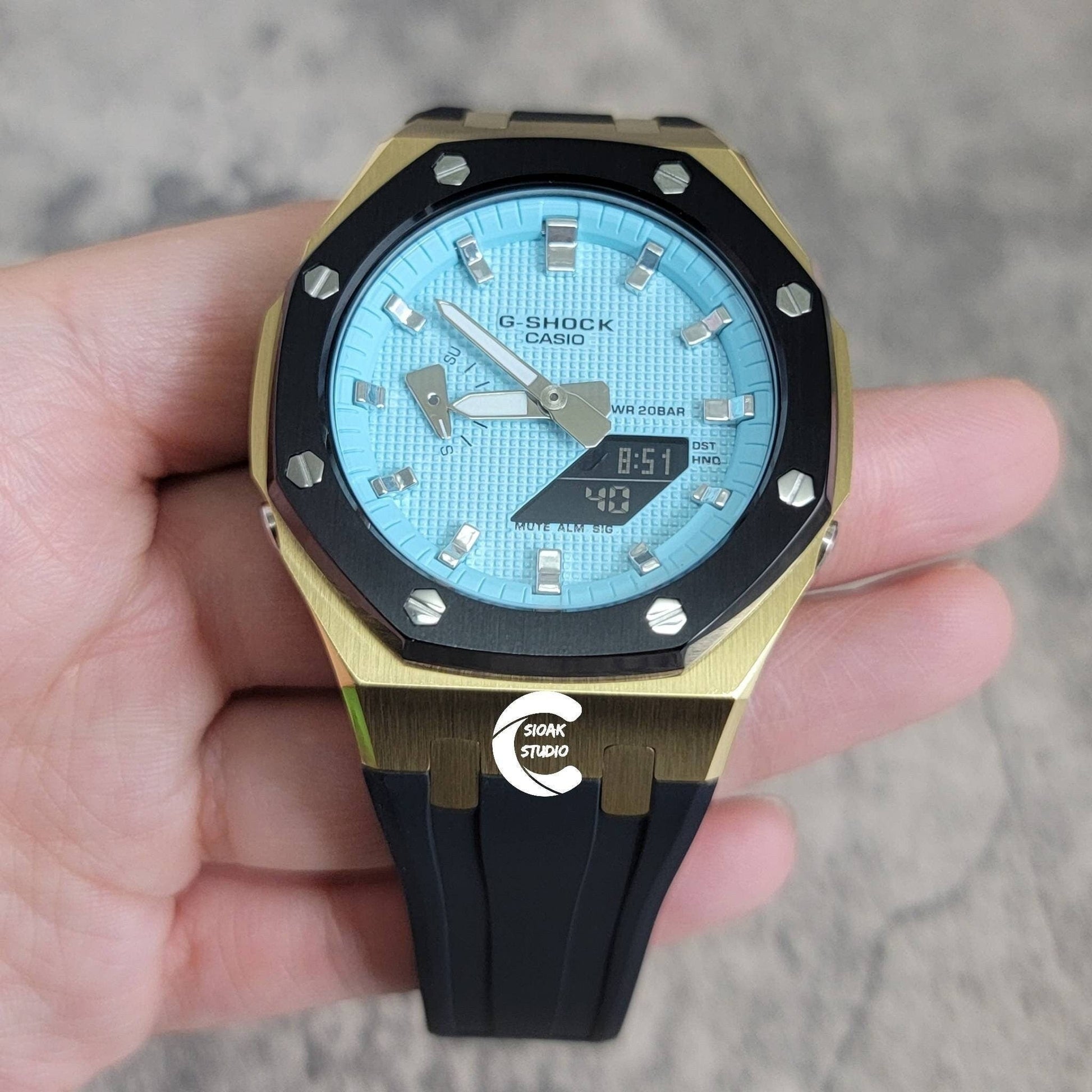 Casioak Mod Watch Black Gold Case Black Rubber Strap Tiff Silver Time Mark Tiff Blue Dial 44mm- Casioak Mod Casio G-Shock Royal Oak Custom Mens Luxury Watches Ga2100