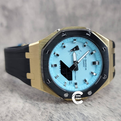 Casioak Mod Watch Black Gold Case Black Rubber Strap Tiff Silver Time Mark Tiff Blue Dial 44mm- Casioak Mod Casio G-Shock Royal Oak Custom Mens Luxury Watches Ga2100