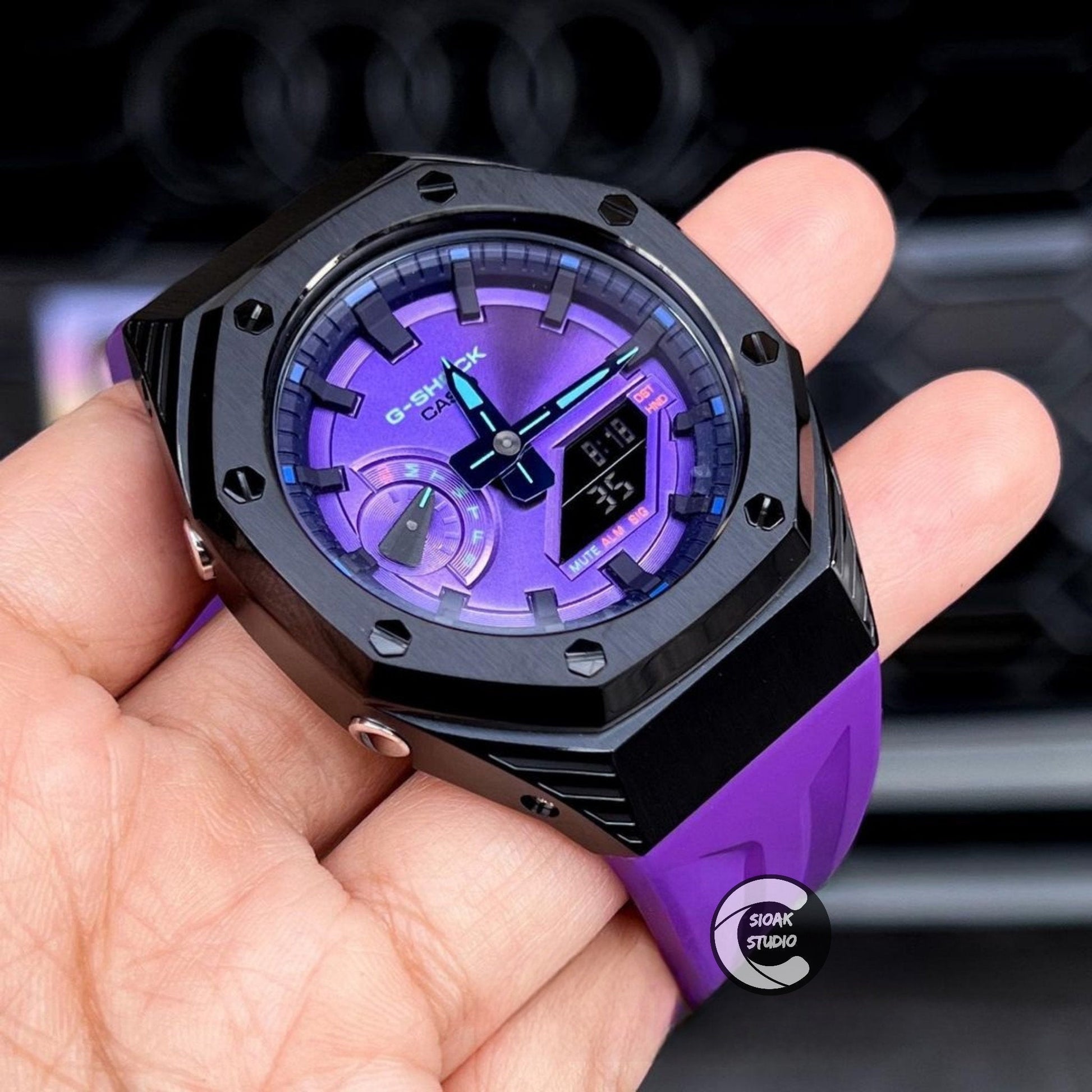 Casioak Mod Watch Black Panther Hb Black Case Purple Strap Purple Black Time Mark Purple Dial 44mm- Casioak Mod Casio G-Shock Royal Oak Custom Mens Luxury Watches Ga2100