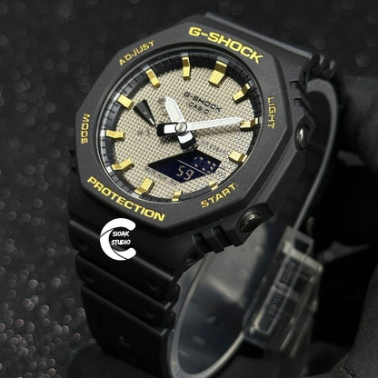 Casioak Mod Watch Black Plastic Case Black Strap Black Gold Time Mark Gray Dial 44mm- Casioak Mod Casio G-Shock Royal Oak Custom Mens Luxury Watches Ga2100