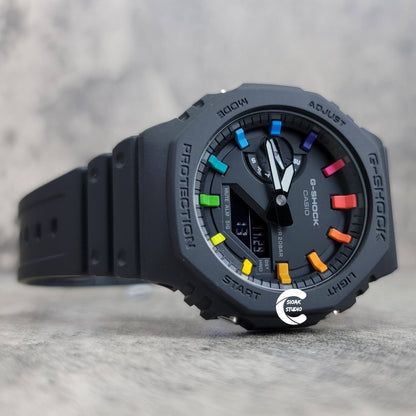 Casioak Mod Watch Black Plastic Case Black Strap Black Rainbow Time Mark Black Dial 44mm- Casioak Mod Casio G-Shock Royal Oak Custom Mens Luxury Watches Ga2100