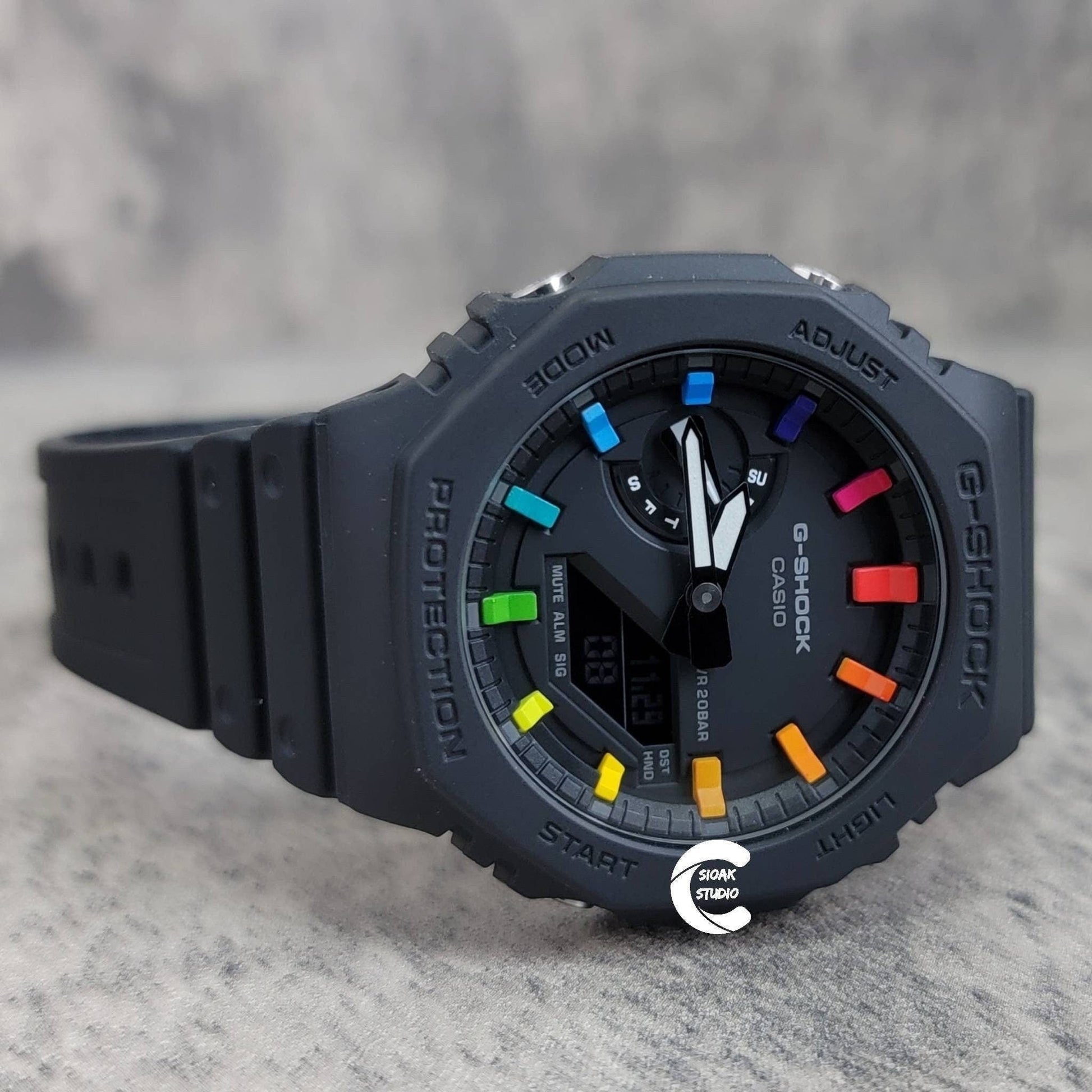 Casioak Mod Watch Black Plastic Case Black Strap Black Rainbow Time Mark Black Dial 44mm- Casioak Mod Casio G-Shock Royal Oak Custom Mens Luxury Watches Ga2100