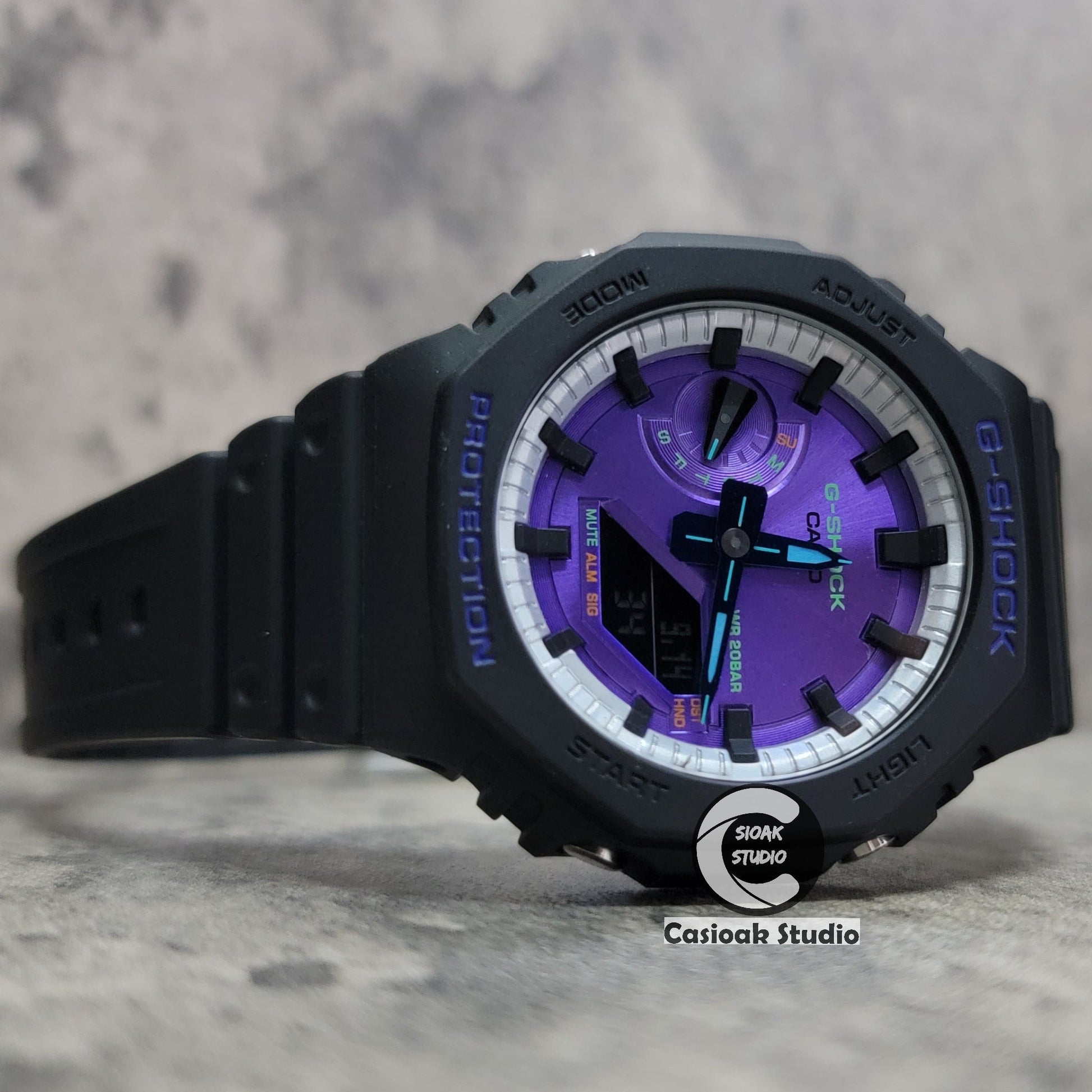 Casioak Mod Watch Black Plastic Case Strap Silver Black Time Mark Purple Dial 44mm- Casioak Mod Casio G-Shock Royal Oak Custom Mens Luxury Watches Ga2100