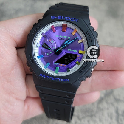 Casioak Mod Watch Black Plastic Case Strap Silver Rainbow Time Mark Purple Dial 44mm- Casioak Mod Casio G-Shock Royal Oak Custom Mens Luxury Watches Ga2100