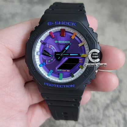 Casioak Mod Watch Black Plastic Case Strap Silver Rainbow Time Mark Purple Dial 44mm- Casioak Mod Casio G-Shock Royal Oak Custom Mens Luxury Watches Ga2100