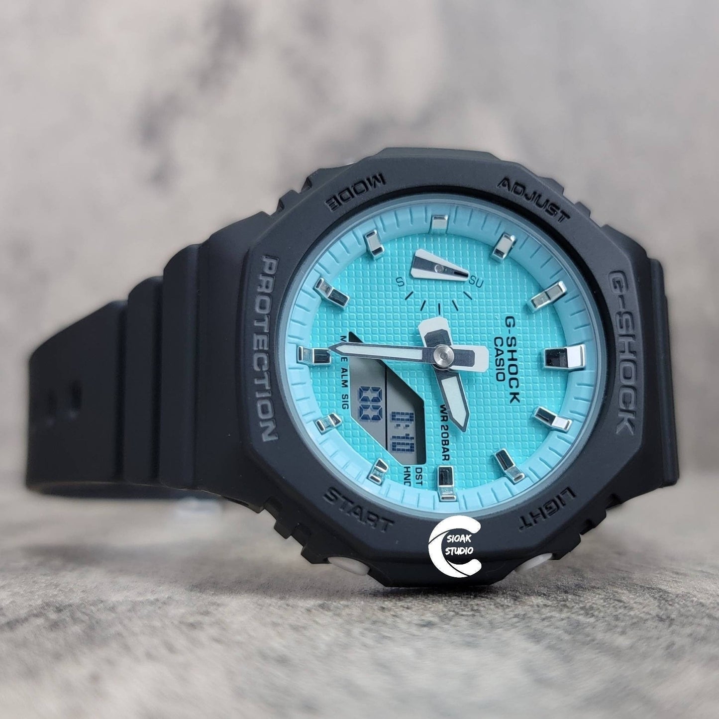 Casioak Mod Watch Black Plastic Case Strap Tiff white Time Mark Tiff Blue Dial 42mm- Casioak Mod Casio G-Shock Royal Oak Custom Mens Luxury Watches Ga2100