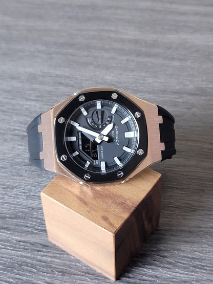 Casioak Mod Watch Black Rose Gold Case Black Rubber Strap Black Light Gray Time Mark Black Dial 44mm- Casioak Mod Casio G-Shock Royal Oak Custom Mens Luxury Watches Ga2100