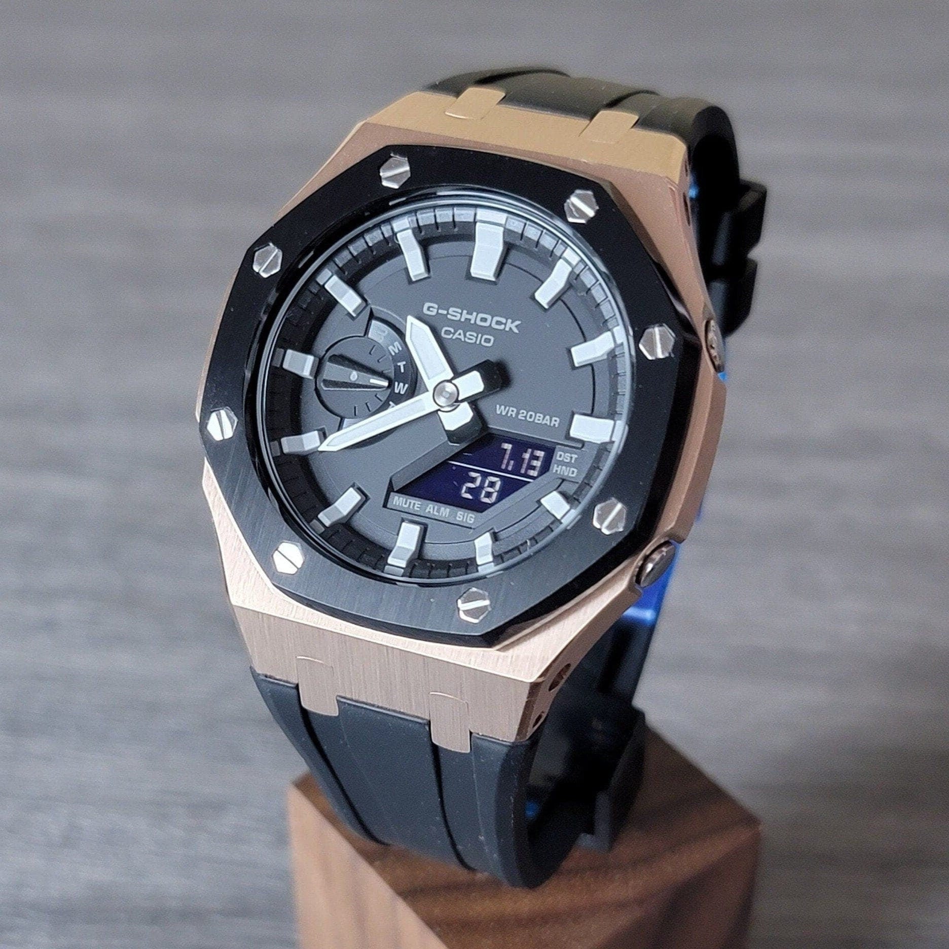 Casioak Mod Watch Black Rose Gold Case Black Rubber Strap Black Light Gray Time Mark Black Dial 44mm- Casioak Mod Casio G-Shock Royal Oak Custom Mens Luxury Watches Ga2100