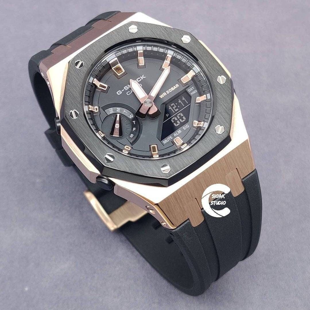 Casioak Mod Watch Black Rose Gold Case Black Rubber Strap Black Rose Gold Time Mark Black Dial 42mm- Casioak Mod Casio G-Shock Royal Oak Custom Mens Luxury Watches Ga2100