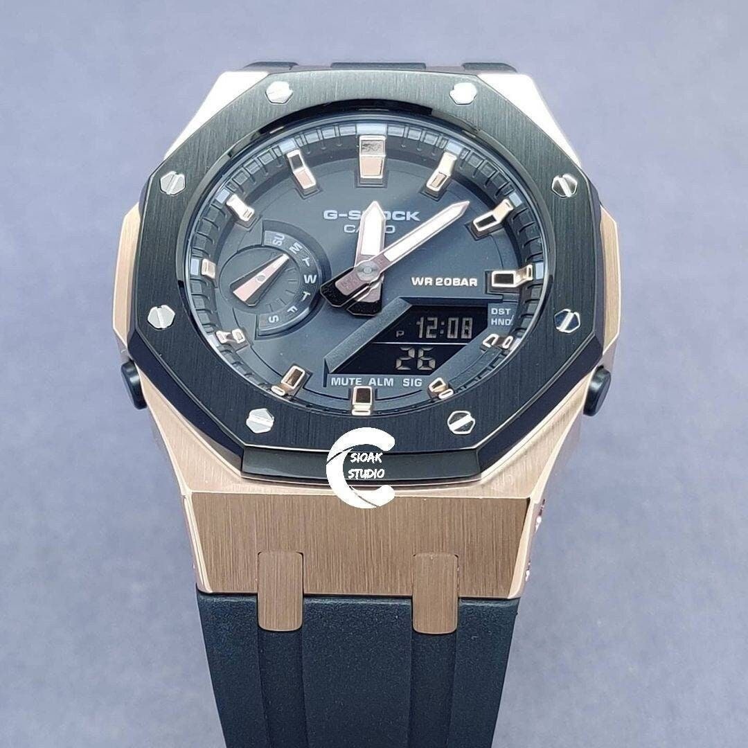 Casioak Mod Watch Black Rose Gold Case Black Rubber Strap Black Rose Gold Time Mark Black Dial 42mm- Casioak Mod Casio G-Shock Royal Oak Custom Mens Luxury Watches Ga2100