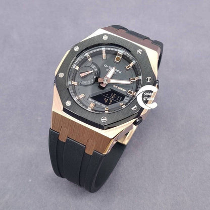 Casioak Mod Watch Black Rose Gold Case Black Rubber Strap Black Rose Gold Time Mark Black Dial 42mm- Casioak Mod Casio G-Shock Royal Oak Custom Mens Luxury Watches Ga2100