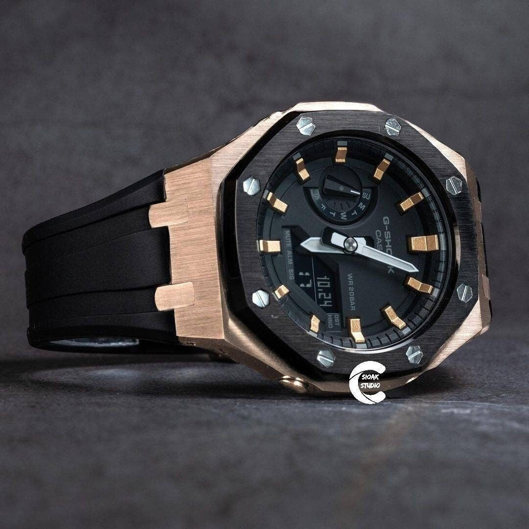 Casioak Mod Watch Black Rose Gold Case Black Rubber Strap Black Rose Gold Time Mark Black Dial 44mm- Casioak Mod Casio G-Shock Royal Oak Custom Mens Luxury Watches Ga2100