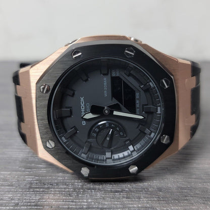 Casioak Mod Watch Black Rose Gold Case Black Rubber Strap Black Time Mark Black Dial 44mm- Casioak Mod Casio G-Shock Royal Oak Custom Mens Luxury Watches Ga2100