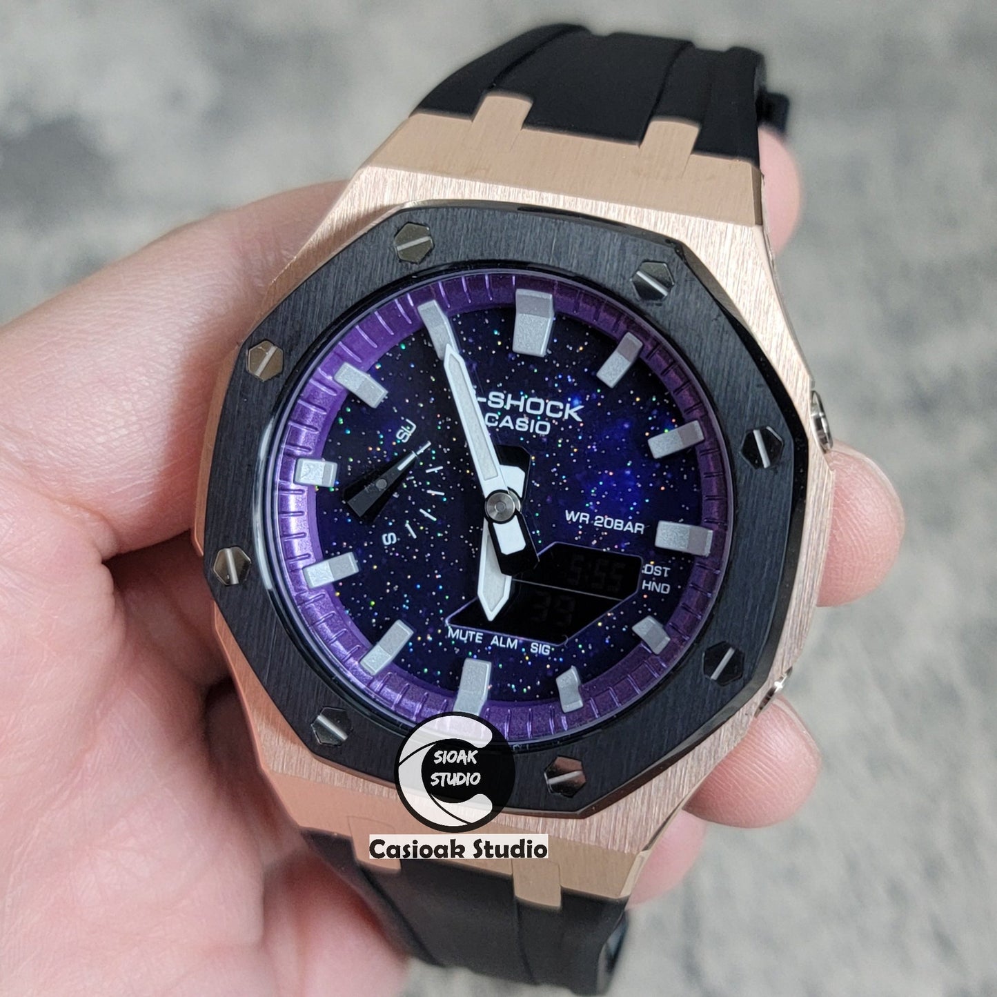 Casioak Mod Watch Black Rose Gold Case Black Rubber Strap Purple Silver Time Mark Purple Dial 44mm- Casioak Mod Casio G-Shock Royal Oak Custom Mens Luxury Watches Ga2100