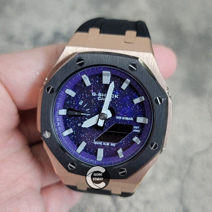 Casioak Mod Watch Black Rose Gold Case Black Rubber Strap Purple Silver Time Mark Purple Dial 44mm  Christ- Casioak Mod Casio G-Shock Royal Oak Custom Mens Luxury Watches Ga2100