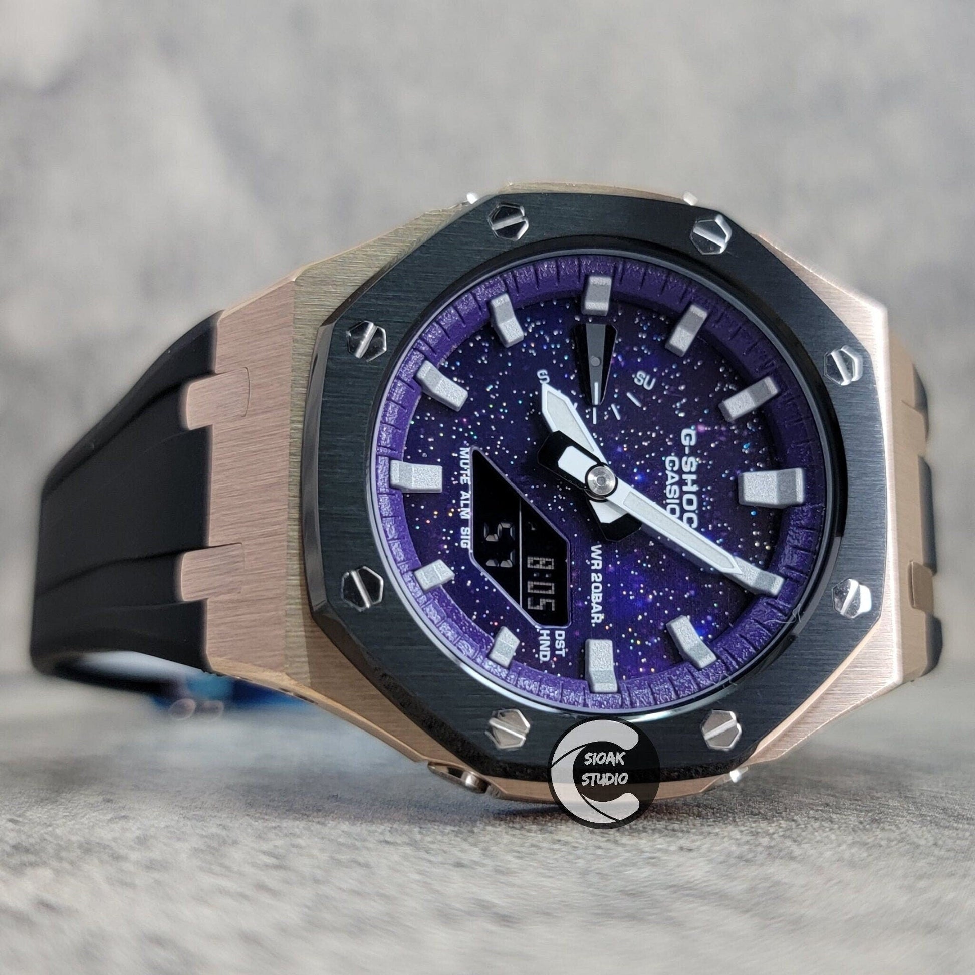 Casioak Mod Watch Black Rose Gold Case Black Rubber Strap Purple Silver Time Mark Purple Dial 44mm  Christ- Casioak Mod Casio G-Shock Royal Oak Custom Mens Luxury Watches Ga2100