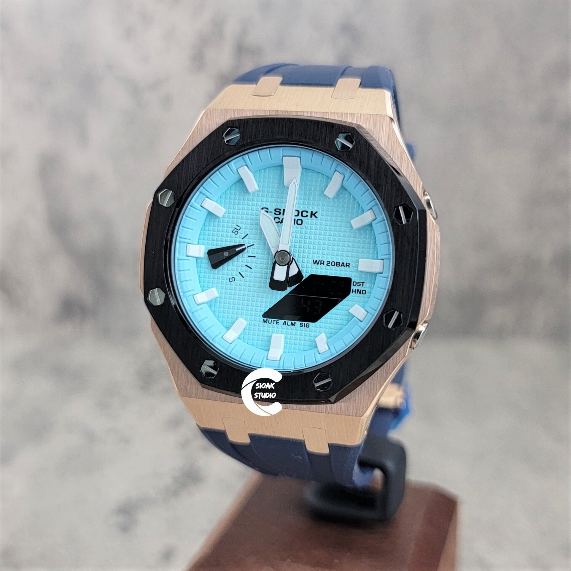 Casioak Mod Watch Black Rose Gold Case Black Rubber Strap Tiff Silver Time Mark Tiff Blue Dial 44mm- Casioak Mod Casio G-Shock Royal Oak Custom Mens Luxury Watches Ga2100