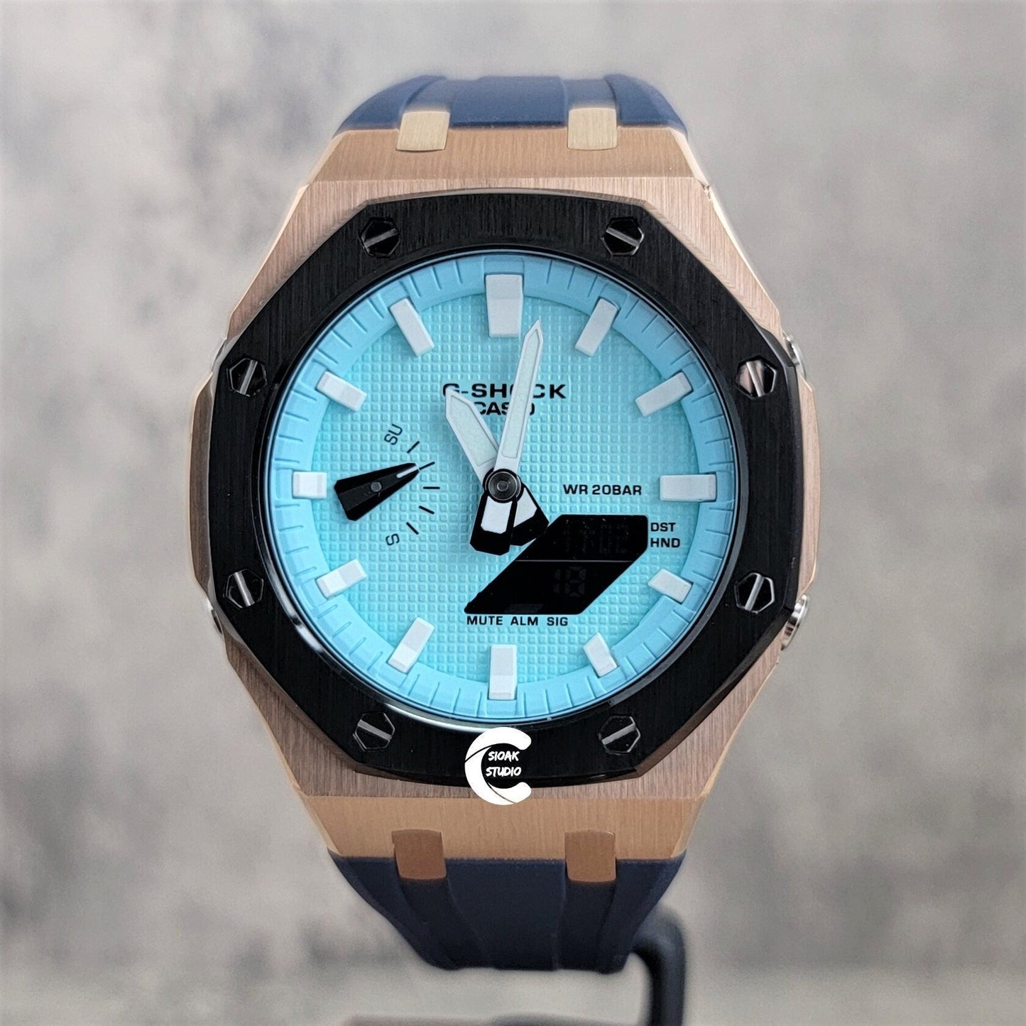 Casioak Mod Watch Black Rose Gold Case Black Rubber Strap Tiff Silver Time Mark Tiff Blue Dial 44mm- Casioak Mod Casio G-Shock Royal Oak Custom Mens Luxury Watches Ga2100