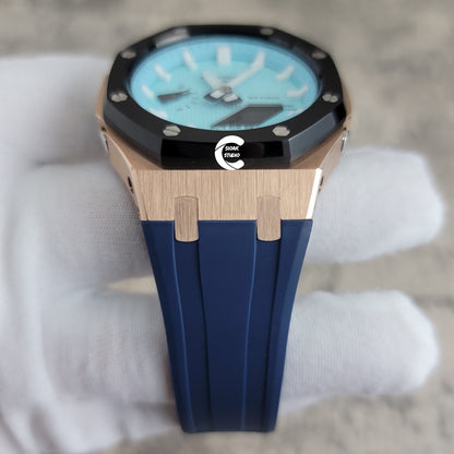 Casioak Mod Watch Black Rose Gold Case Black Rubber Strap Tiff Silver Time Mark Tiff Blue Dial 44mm- Casioak Mod Casio G-Shock Royal Oak Custom Mens Luxury Watches Ga2100