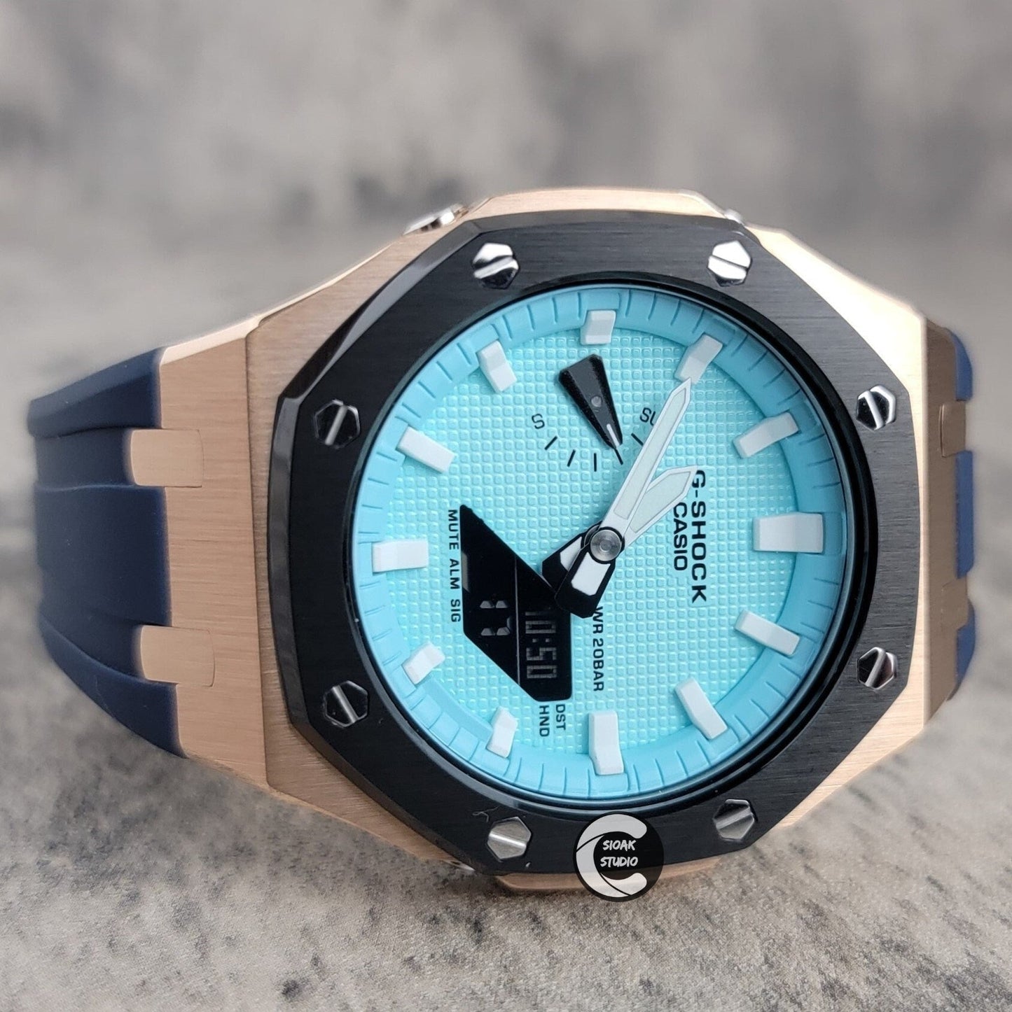 Casioak Mod Watch Black Rose Gold Case Black Rubber Strap Tiff Silver Time Mark Tiff Blue Dial 44mm- Casioak Mod Casio G-Shock Royal Oak Custom Mens Luxury Watches Ga2100