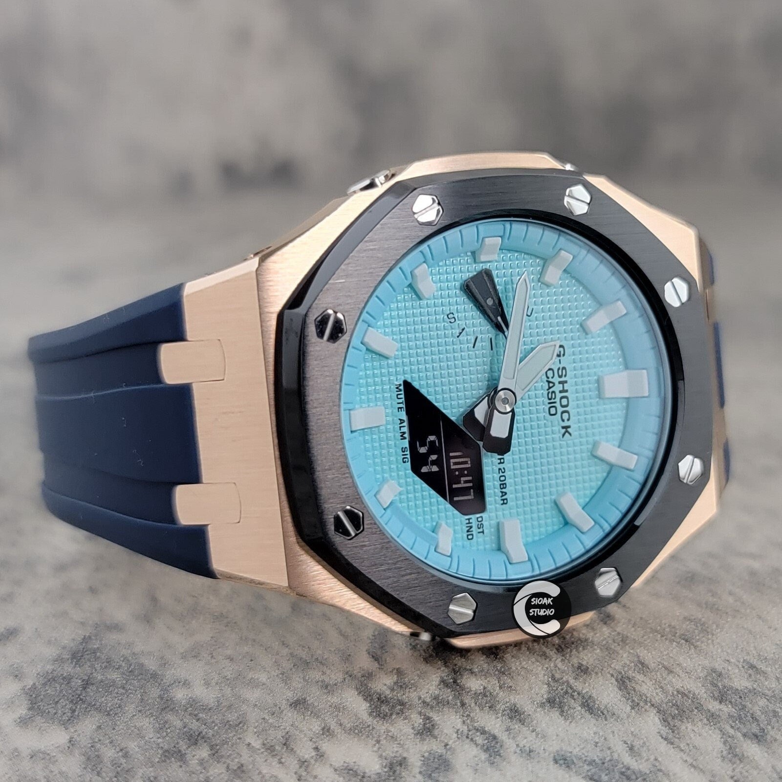 Casioak Mod Watch Black Rose Gold Case Black Rubber Strap Tiff Silver Time Mark Tiff Blue Dial 44mm- Casioak Mod Casio G-Shock Royal Oak Custom Mens Luxury Watches Ga2100