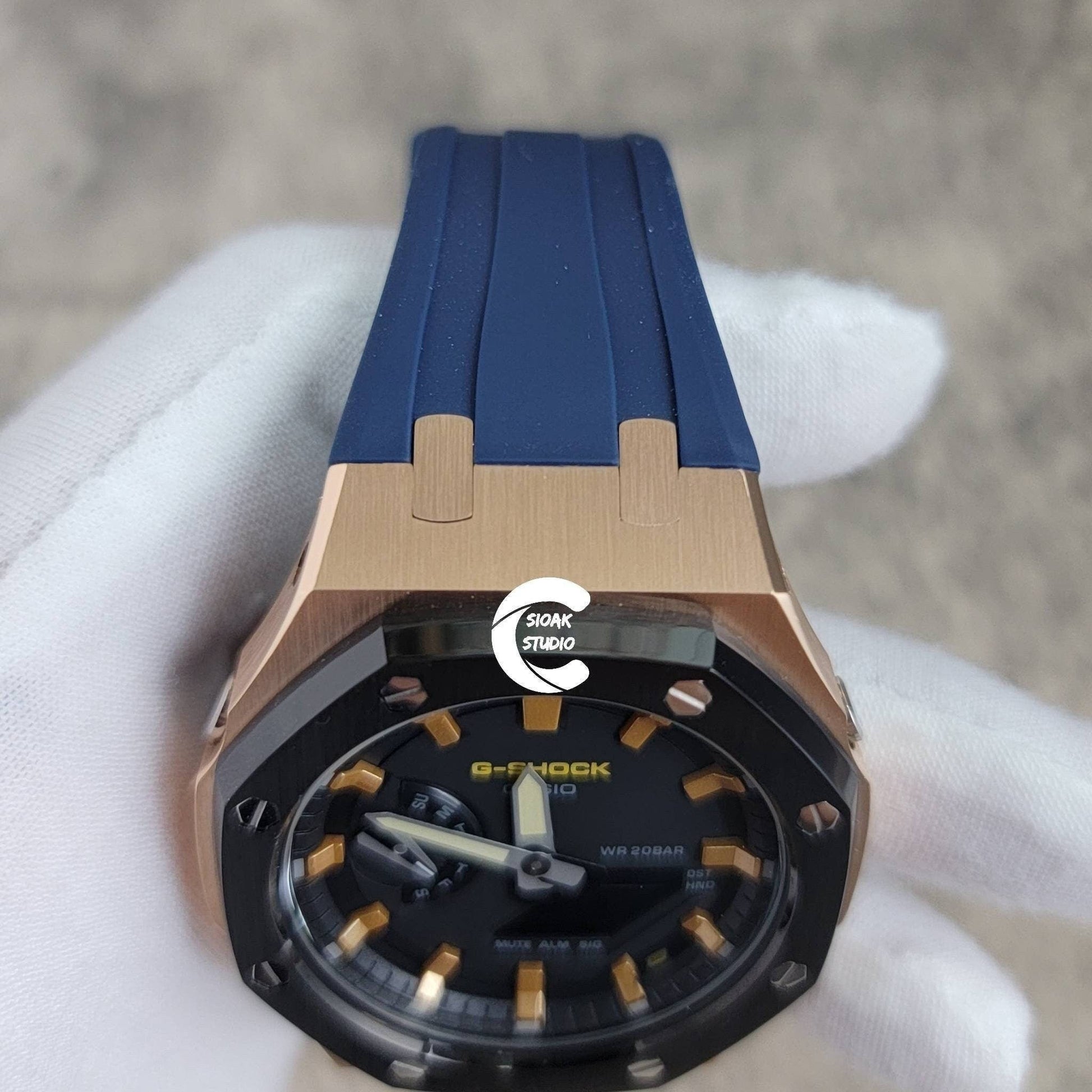 Casioak Mod Watch Black Rose Gold Case Blue Rubber Strap Black Gold Time Mark Black Dial 44mm- Casioak Mod Casio G-Shock Royal Oak Custom Mens Luxury Watches Ga2100