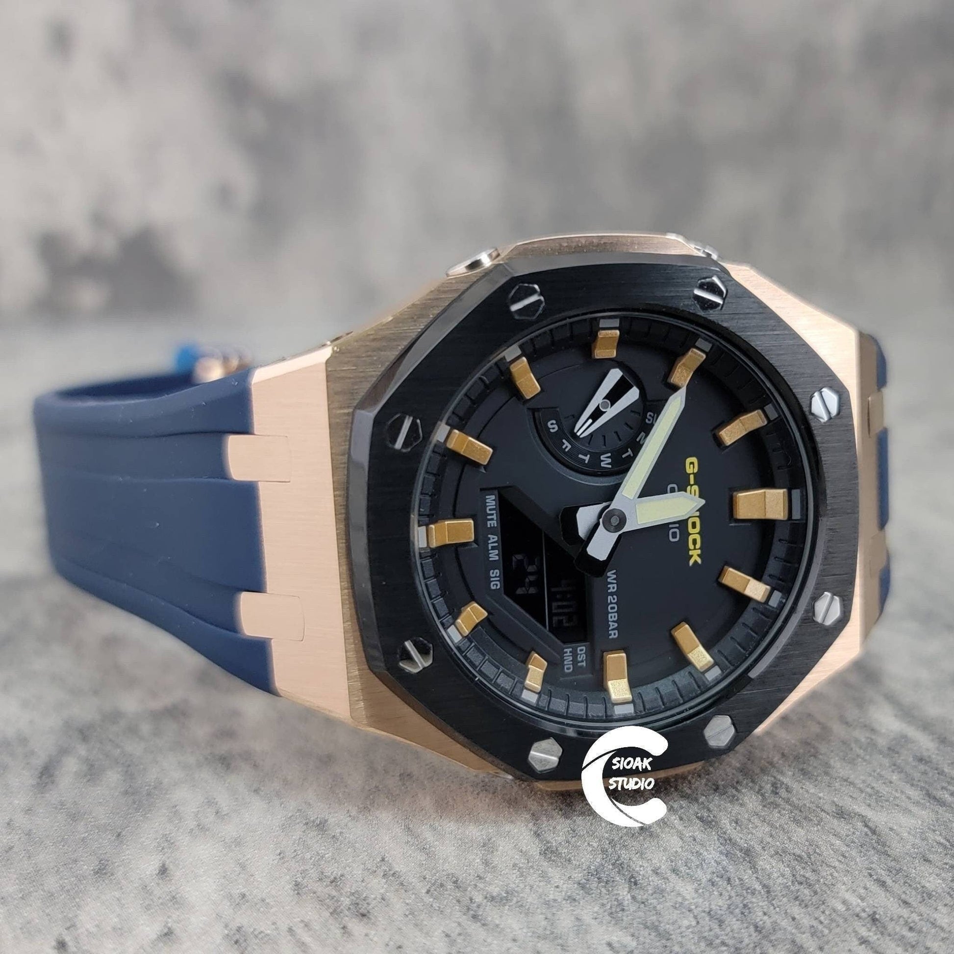 Casioak Mod Watch Black Rose Gold Case Blue Rubber Strap Black Gold Time Mark Black Dial 44mm- Casioak Mod Casio G-Shock Royal Oak Custom Mens Luxury Watches Ga2100