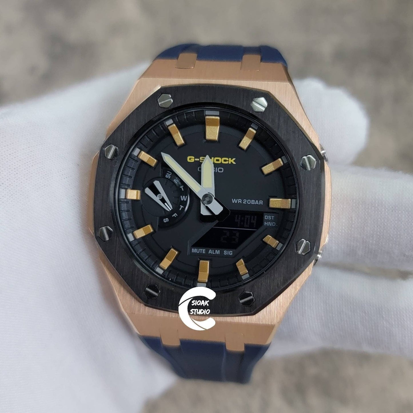 Casioak Mod Watch Black Rose Gold Case Blue Rubber Strap Black Gold Time Mark Black Dial 44mm- Casioak Mod Casio G-Shock Royal Oak Custom Mens Luxury Watches Ga2100