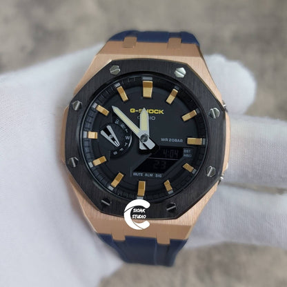 Casioak Mod Watch Black Rose Gold Case Blue Rubber Strap Black Gold Time Mark Black Dial 44mm- Casioak Mod Casio G-Shock Royal Oak Custom Mens Luxury Watches Ga2100