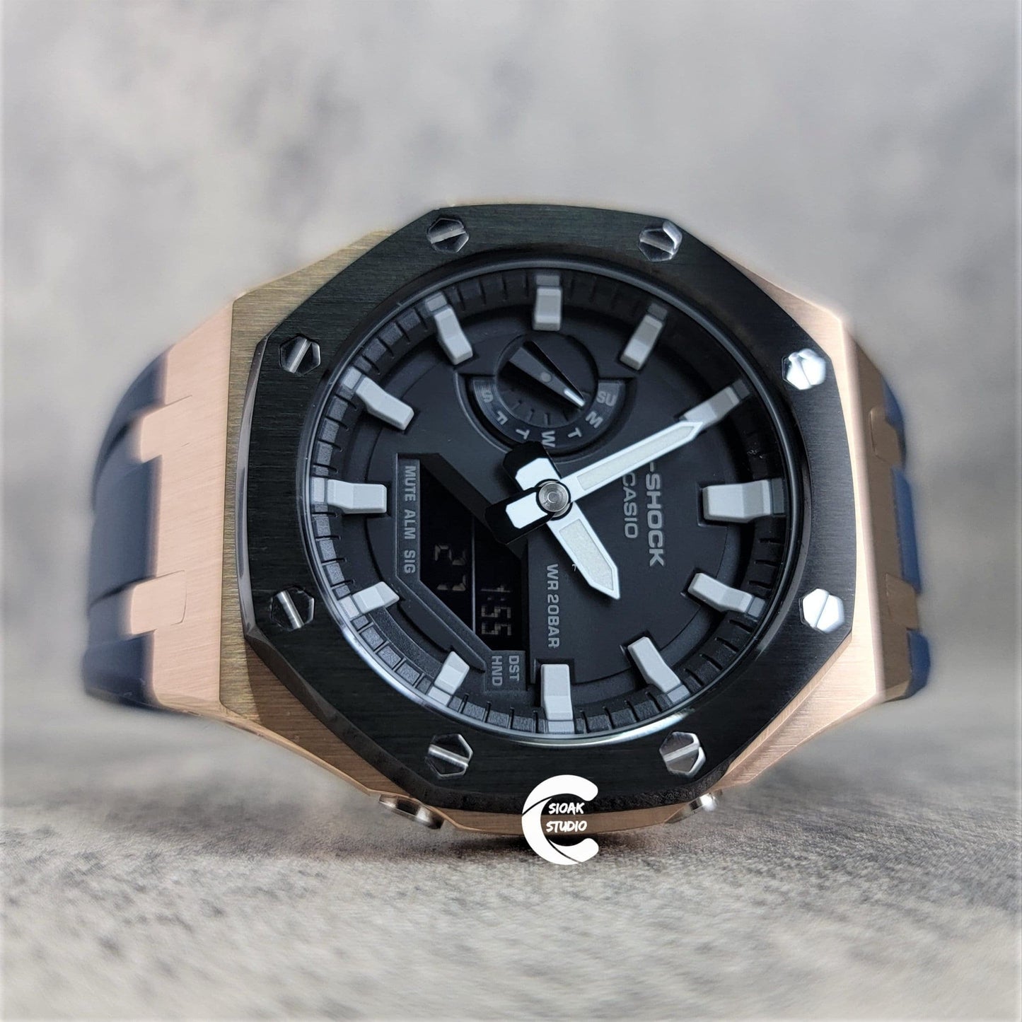 Casioak Mod Watch Black Rose Gold Case Blue Rubber Strap Black Light Gray Time Mark Black Dial 44mm- Casioak Mod Casio G-Shock Royal Oak Custom Mens Luxury Watches Ga2100